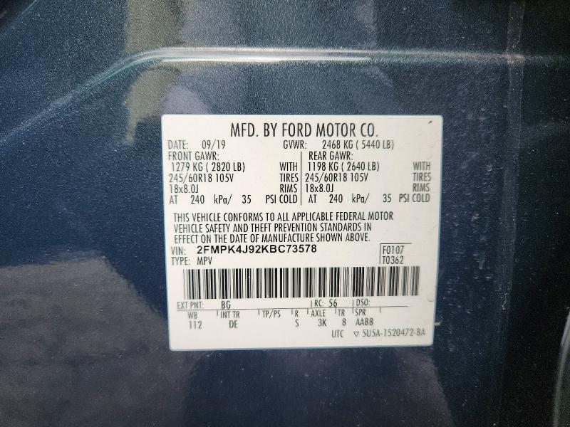 52439186 :رقم المزاد ، 2FMPK4J92KBC73578 vin ، 2019 Ford Edge مزاد بيع