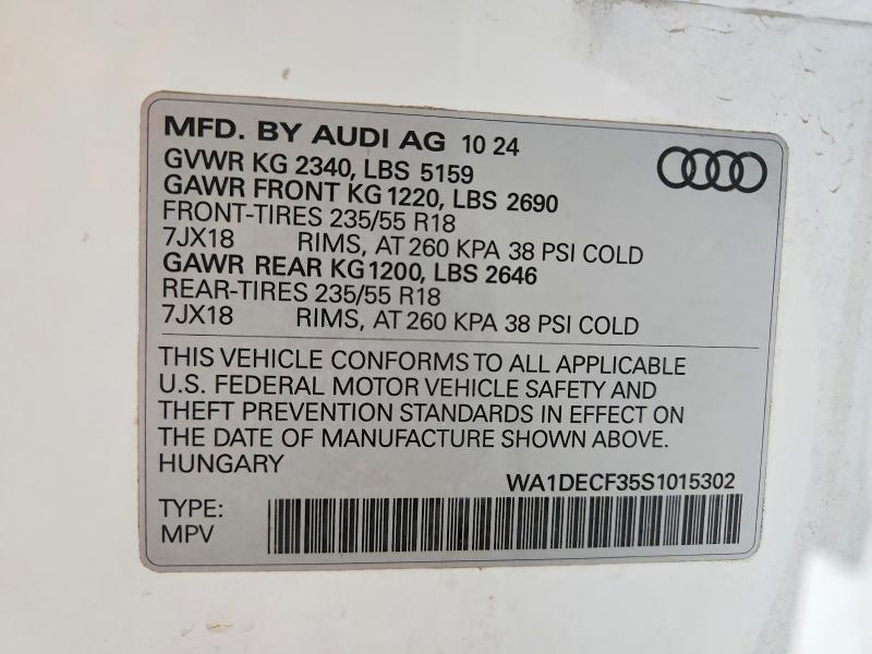 52585906 :رقم المزاد ، WA1DECF35S1015302 vin ، 2025 Audi Q3 مزاد بيع