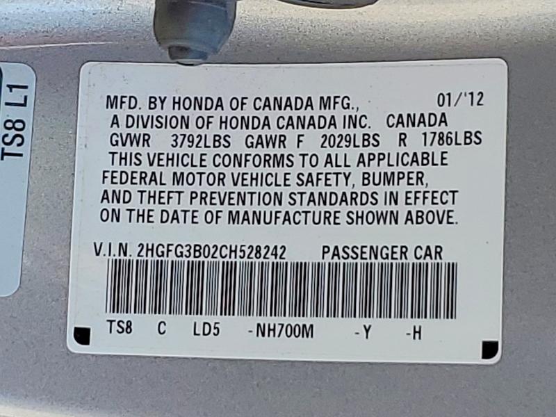 2012 Honda Civic მანქანა იყიდება აუქციონზე, vin: 2HGFG3B02CH528242, აუქციონის ნომერი: 52489236