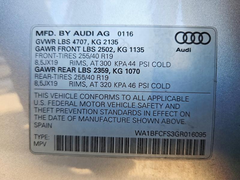 2016 Audi Q3 მანქანა იყიდება აუქციონზე, vin: WA1BFCFS3GR016095, აუქციონის ნომერი: 51788766