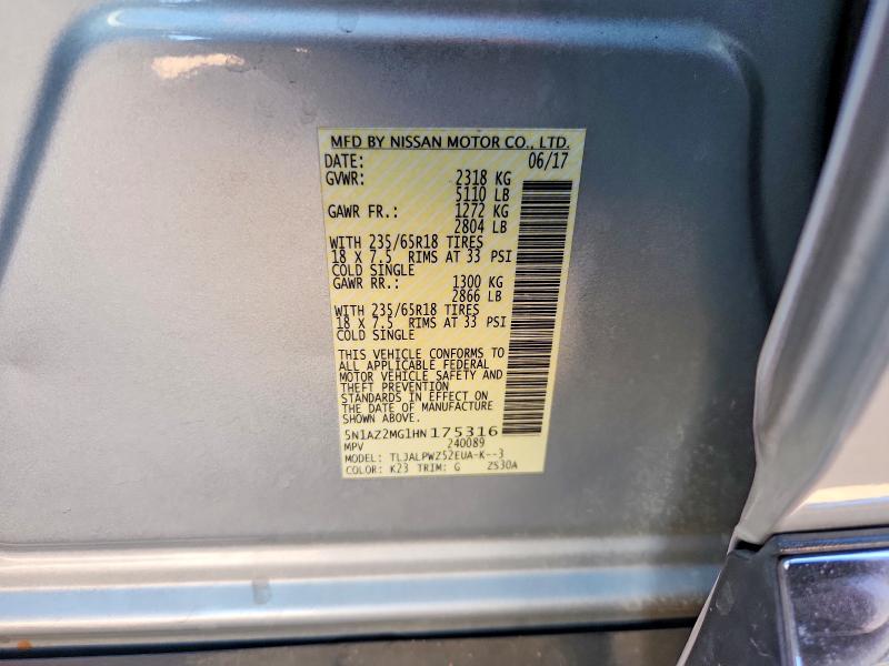 55561666 :رقم المزاد ، 5N1AZ2MG1HN175316 vin ، 2017 Nissan Murano مزاد بيع