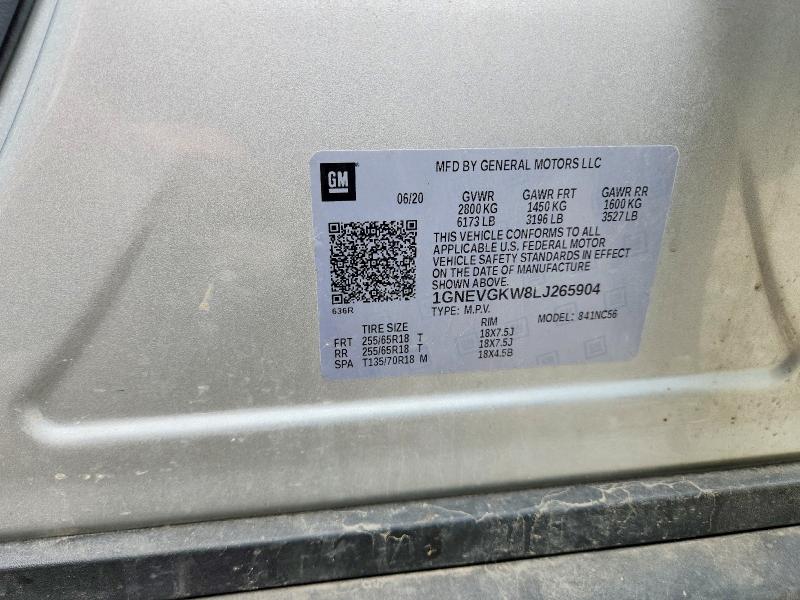 53631456 :رقم المزاد ، 1GNEVGKW8LJ265904 vin ، 2020 Chevrolet Traverse مزاد بيع