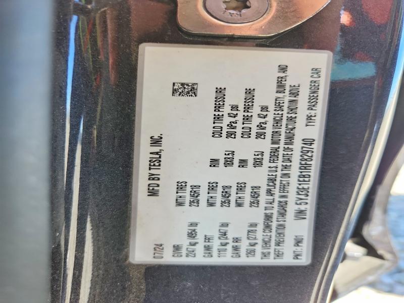 52809486 :رقم المزاد ، 5YJ3E1EB1RF829740 vin ، 2024 Tesla Model 3 مزاد بيع