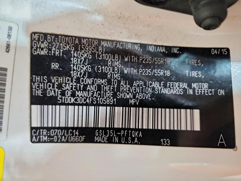 Aukcja sprzedaży 2015 Toyota Sienna, vin: 5TDDK3DC4FS105891, numer aukcji: 54239536