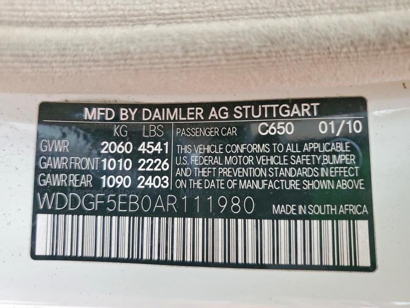Продажа на аукционе авто 2010 Mercedes-benz C, vin: WDDGF5EB0AR111980, номер лота: 52948506