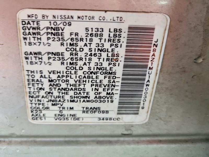 Продаж на аукціоні авто 2010 Nissan Murrano, vin: JN8AZ1MU1AW003019, номер лоту: 54075916
