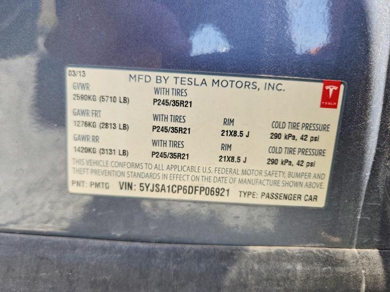 2013 Tesla Model S მანქანა იყიდება აუქციონზე, vin: 5YJSA1CP6DFP06921, აუქციონის ნომერი: 54525686