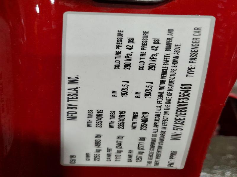 Продаж на аукціоні авто 2019 Tesla Model 3, vin: 5YJ3E1EB0KF365460, номер лоту: 54535266