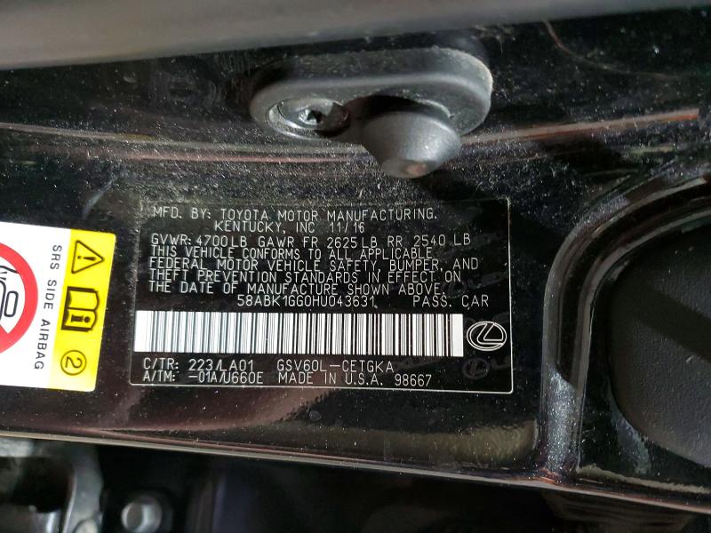 Aukcja sprzedaży 2017 Lexus Es, vin: 58ABK1GG0HU043631, numer aukcji: 53008496