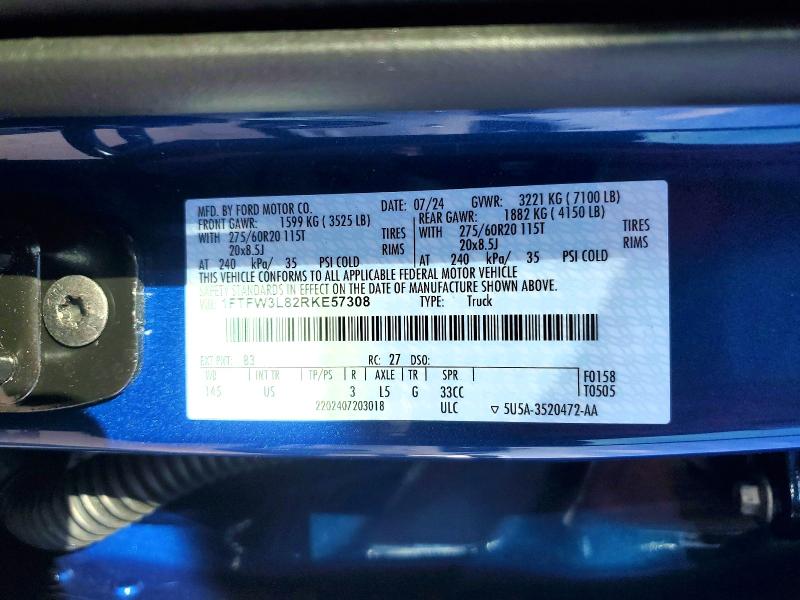2024 Ford F150 მანქანა იყიდება აუქციონზე, vin: 1FTFW3L82RKE57308, აუქციონის ნომერი: 53440106