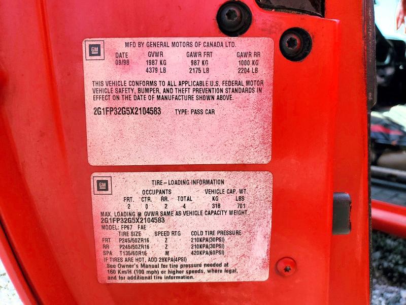 1999 Chevrolet Camaro მანქანა იყიდება აუქციონზე, vin: 2G1FP32G5X2104583, აუქციონის ნომერი: 55364096