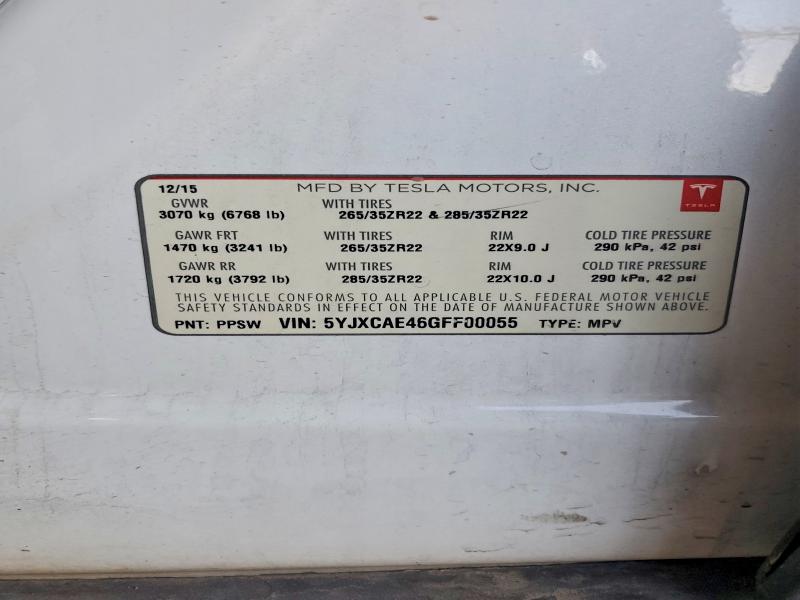 2016 Tesla Model X მანქანა იყიდება აუქციონზე, vin: 5YJXCAE46GFF00055, აუქციონის ნომერი: 52561146