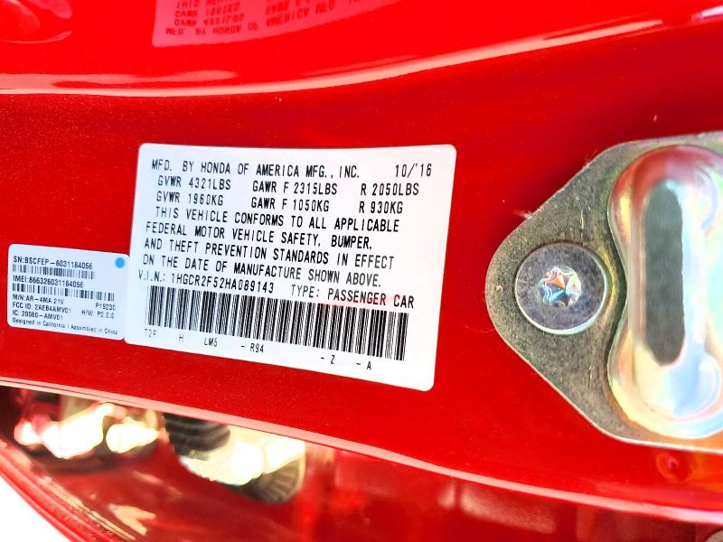 Продаж на аукціоні авто 2017 Honda Accord, vin: 1HGCR2F52HA089143, номер лоту: 54527436