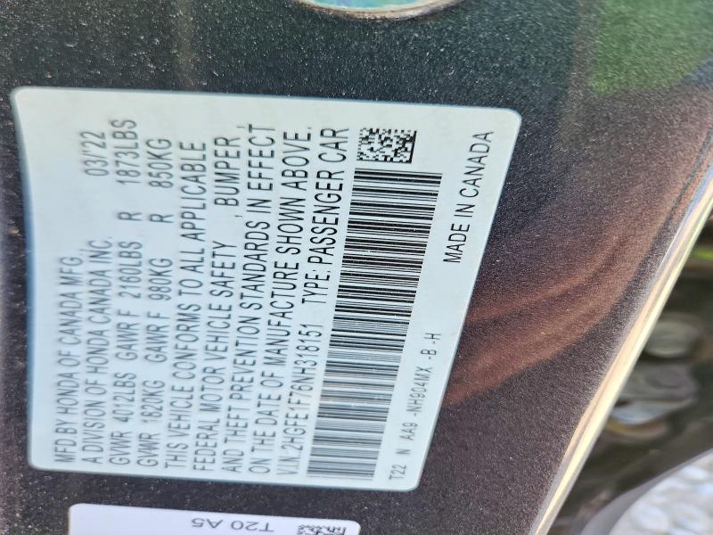 Продажа на аукционе авто 2022 Honda Civic, vin: 2HGFE1F76NH318151, номер лота: 52935866