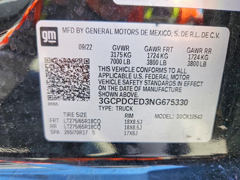 Продаж на аукціоні авто 2022 Chevrolet Silverado, vin: 3GCPDCED3NG675330, номер лоту: 53914016