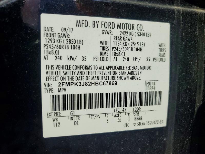 51249166 :رقم المزاد ، 2FMPK3J82HBC67869 vin ، 2017 Ford Edge مزاد بيع