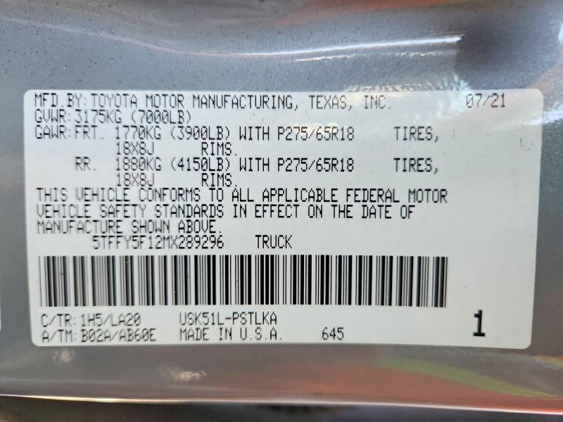 2021 Toyota Tundra მანქანა იყიდება აუქციონზე, vin: 5TFFY5F12MX289296, აუქციონის ნომერი: 52417686