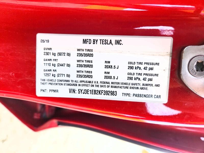 52927646 :رقم المزاد ، 5YJ3E1EB2KF392983 vin ، 2019 Tesla Model 3 مزاد بيع
