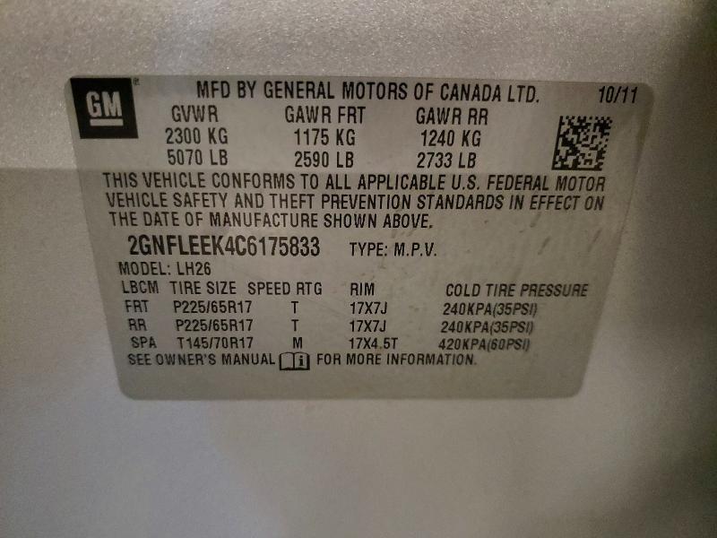 52049696 :رقم المزاد ، 2GNFLEEK4C6175833 vin ، 2012 Chevrolet Equinox مزاد بيع