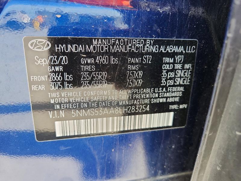 52437306 :رقم المزاد ، 5NMS53AA8LH283254 vin ، 2020 Hyundai Santa Fe مزاد بيع