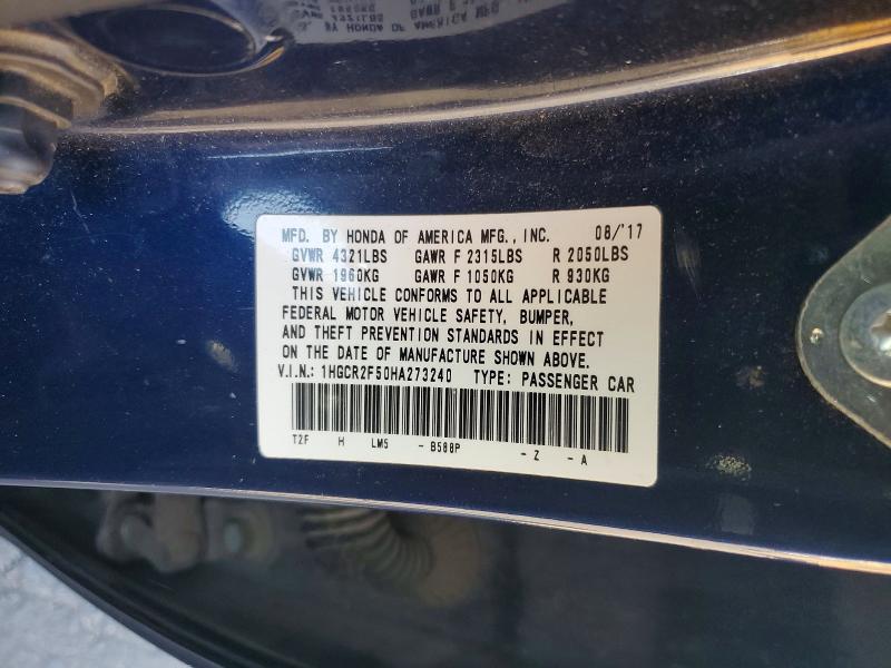 2017 Honda Accord მანქანა იყიდება აუქციონზე, vin: 1HGCR2F50HA273240, აუქციონის ნომერი: 53807666