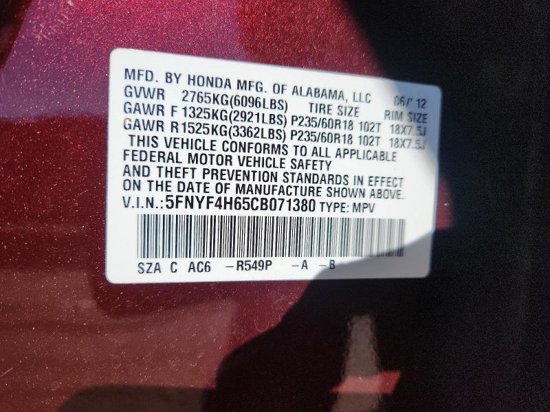 Продаж на аукціоні авто 2012 Honda Pilot, vin: 5FNYF4H65CB071380, номер лоту: 55090466
