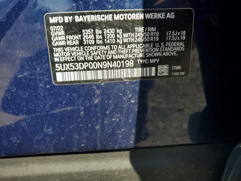 54259866 :رقم المزاد ، 5UX53DP00N9N40198 vin ، 2022 Bmw X3 مزاد بيع