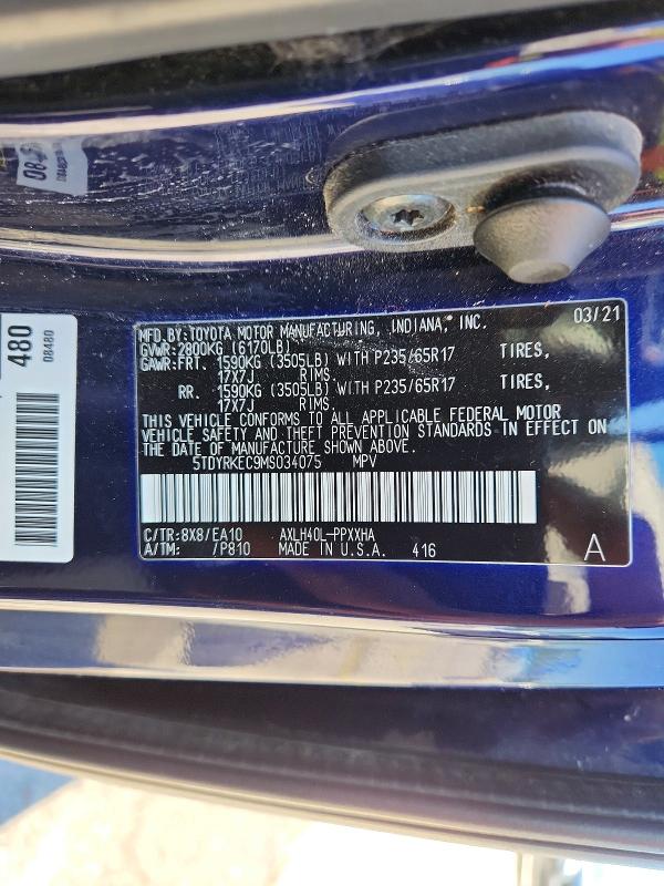 Продажа на аукционе авто 2021 Toyota Sienna, vin: 5TDYRKEC9MS034075, номер лота: 53261246