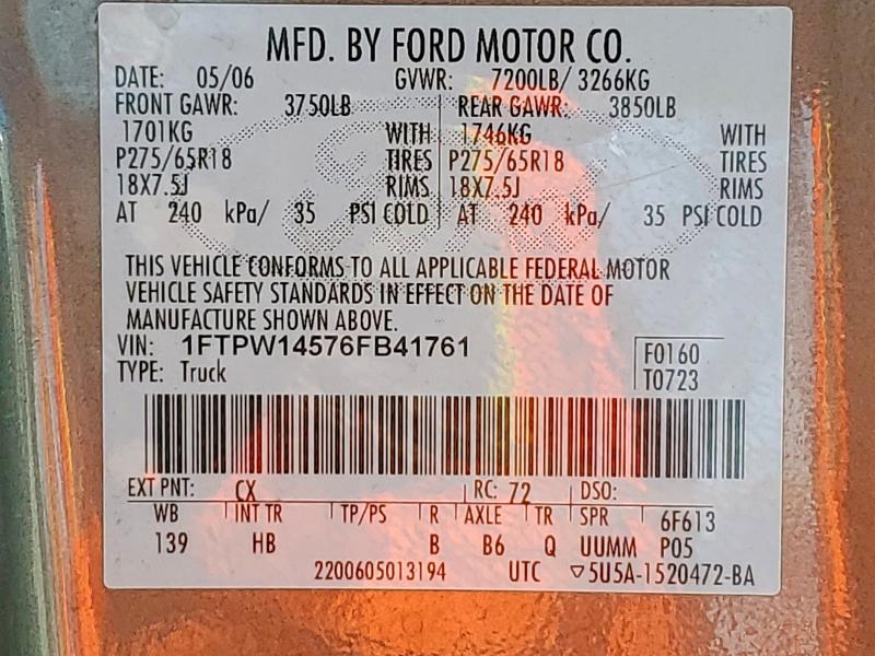 Auction sale of the 2006 Ford F150, vin: 1FTPW14576FB41761, lot number: 53096346