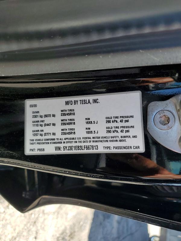 Продажа на аукционе авто 2020 Tesla Model 3, vin: 5YJ3E1EB3LF667813, номер лота: 54219546