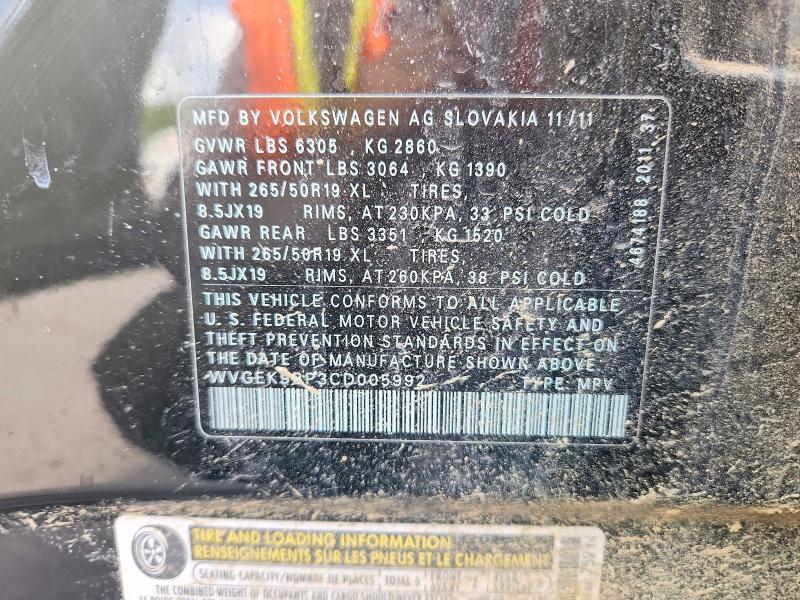 52970486 :رقم المزاد ، WVGEK9BP3CD005992 vin ، 2012 Volkswagen Touareg مزاد بيع
