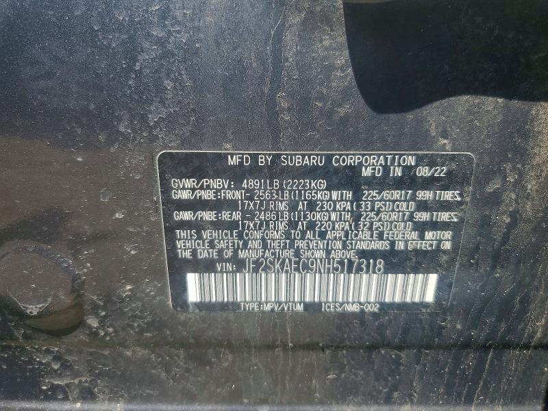 Aukcja sprzedaży 2022 Subaru Forester, vin: JF2SKAEC9NH517318, numer aukcji: 52392076