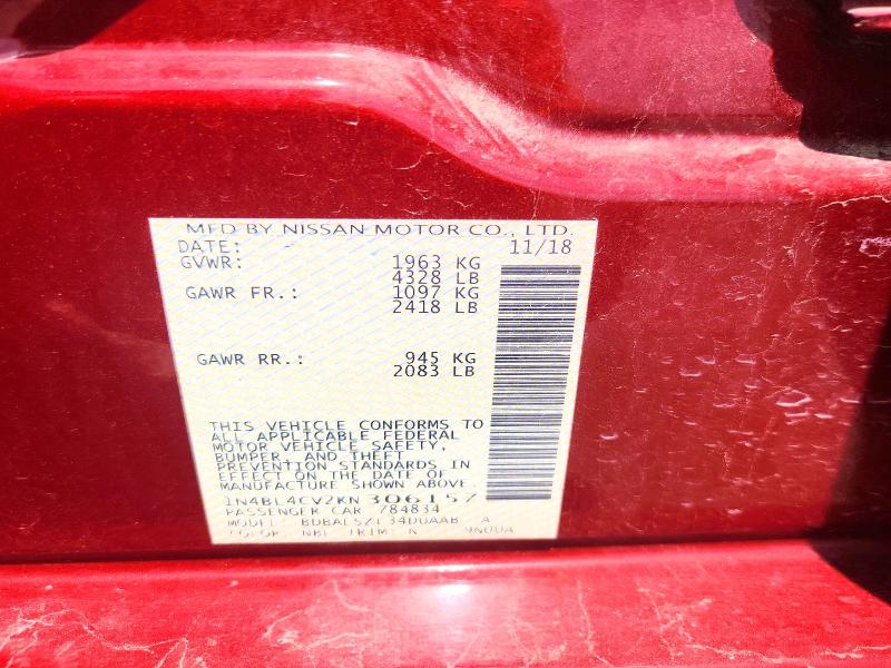 2019 Nissan Altima მანქანა იყიდება აუქციონზე, vin: 1N4BL4CV2KN306157, აუქციონის ნომერი: 50777846