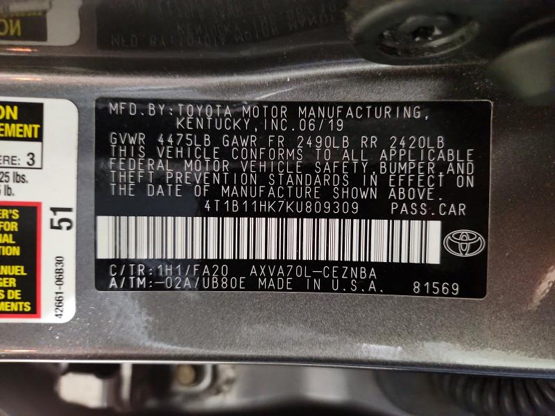 Продаж на аукціоні авто 2019 Toyota Camry, vin: 4T1B11HK7KU809309, номер лоту: 54862096