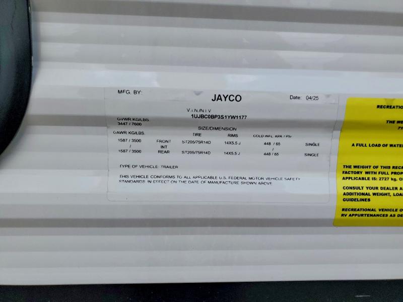 51599266 :رقم المزاد ، 1UJBC0BP3S1YW1177 vin ، 2025 Jay Trailers مزاد بيع