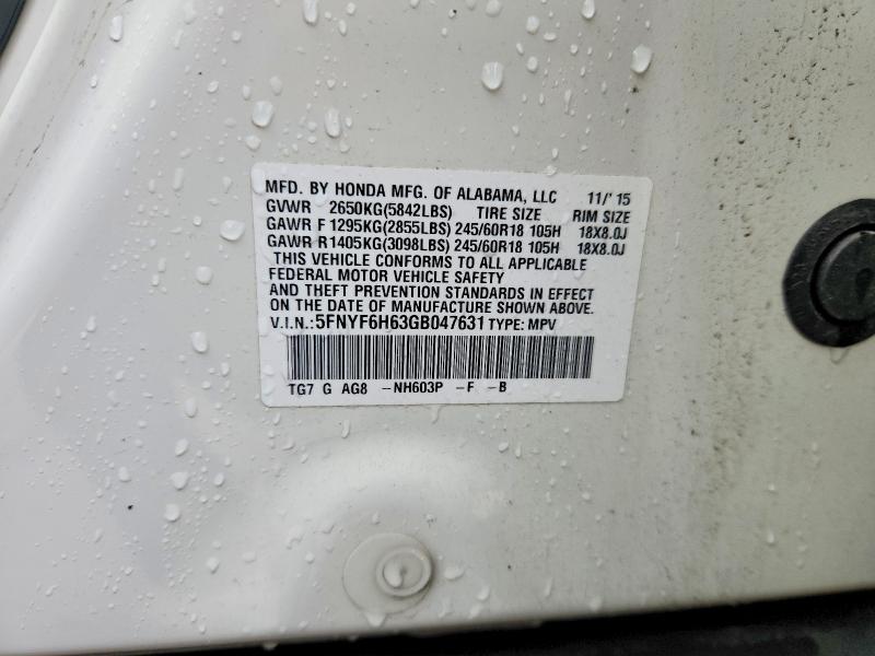52450256 :رقم المزاد ، 5FNYF6H63GB047631 vin ، 2016 Honda Pilot مزاد بيع