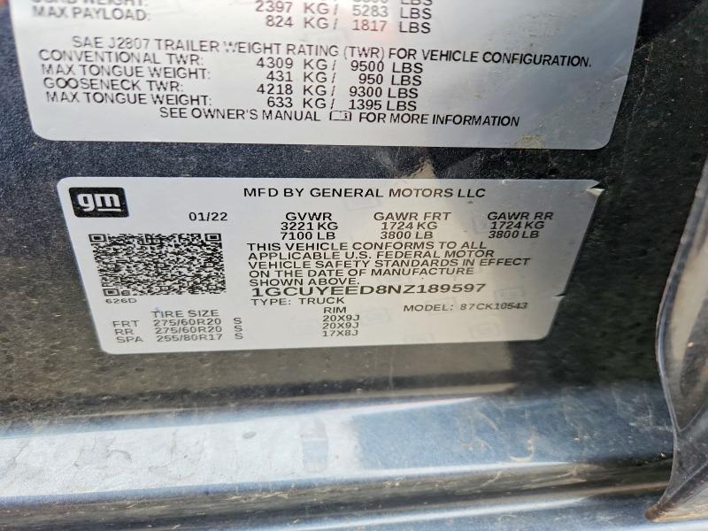 54316266 :رقم المزاد ، 1GCUYEED8NZ189597 vin ، 2022 Chevrolet Silverado Ltd مزاد بيع