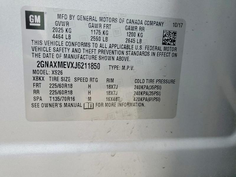Aukcja sprzedaży 2018 Chevrolet Equinox, vin: 2GNAXMEVXJ6211850, numer aukcji: 54261846