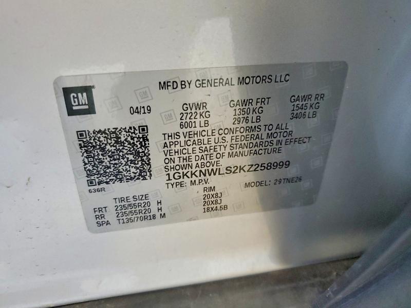 52042586 :رقم المزاد ، 1GKKNWLS2KZ258999 vin ، 2019 Gmc Acadia مزاد بيع