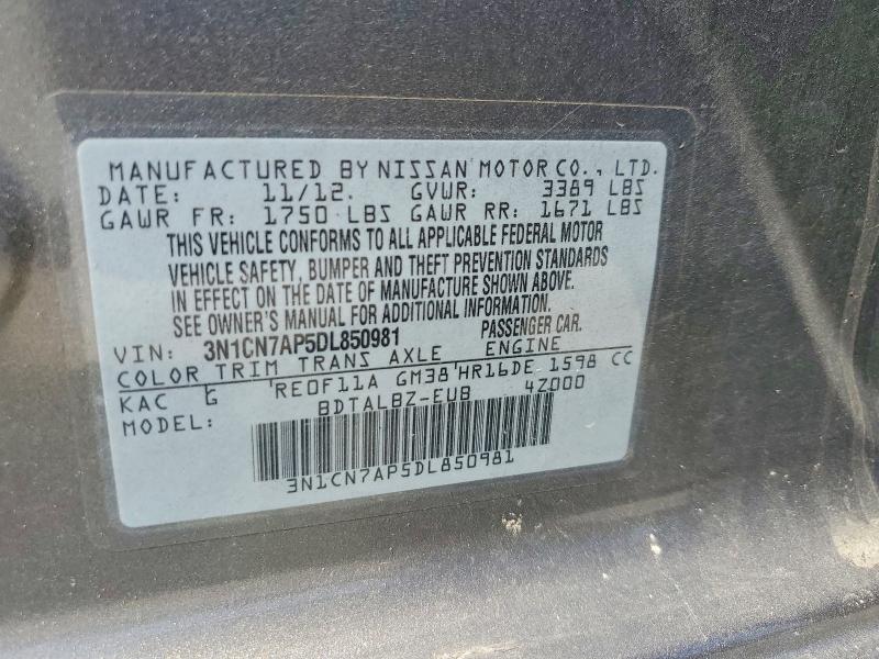 53229106 :رقم المزاد ، 3N1CN7AP5DL850981 vin ، 2013 Nissan Versa مزاد بيع