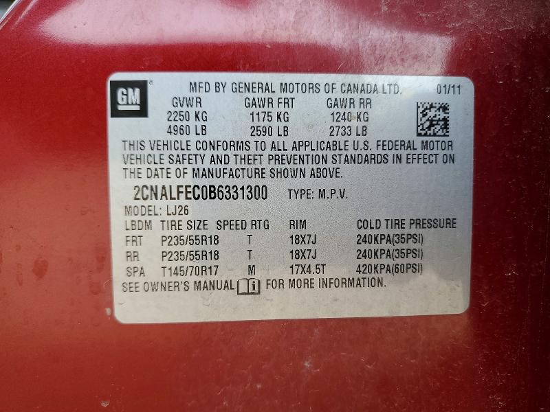 53828596 :رقم المزاد ، 2CNALFEC0B6331300 vin ، 2011 Chevrolet Equinox مزاد بيع