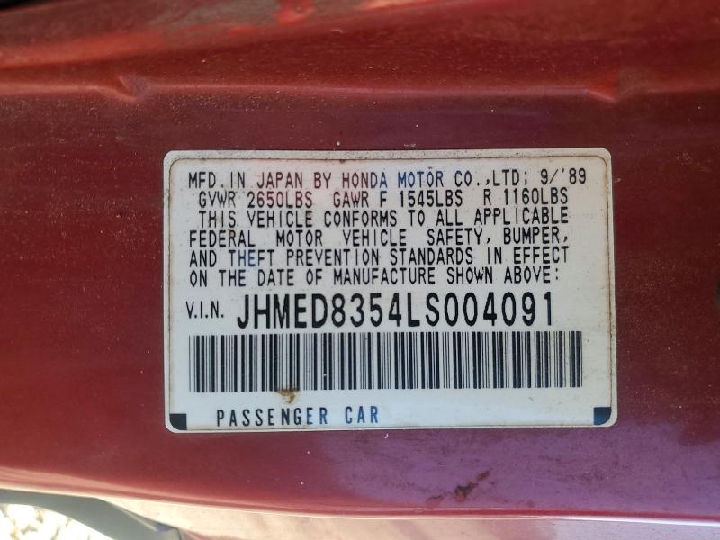 Продаж на аукціоні авто 1990 Honda Civic, vin: JHMED8354LS004091, номер лоту: 52605426