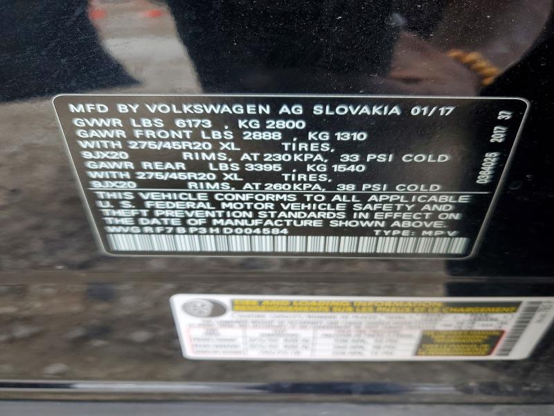 2017 Volkswagen Touareg მანქანა იყიდება აუქციონზე, vin: WVGRF7BP3HD004584, აუქციონის ნომერი: 54683006