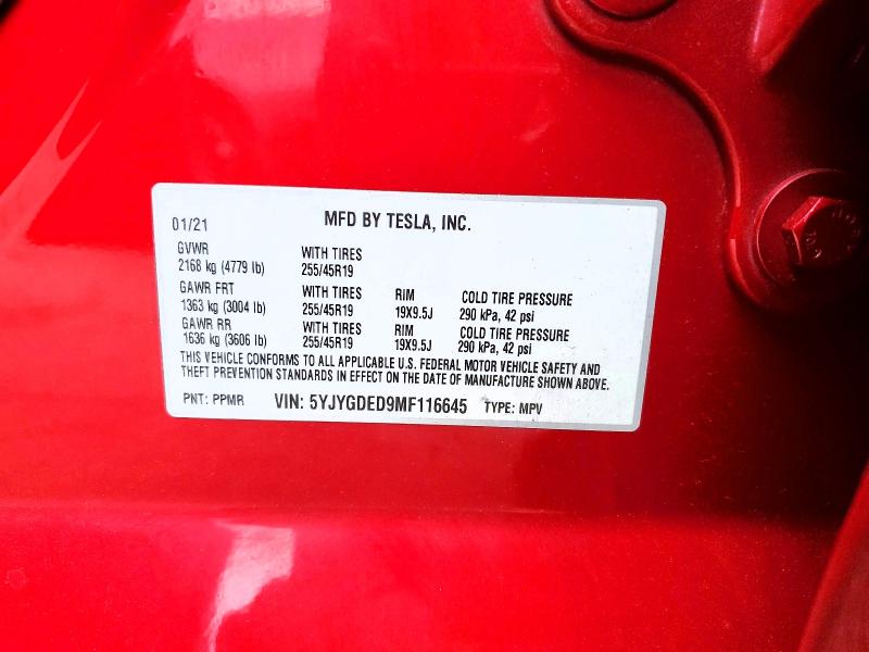 Aukcja sprzedaży 2021 Tesla Model Y, vin: 5YJYGDED9MF116645, numer aukcji: 53304766