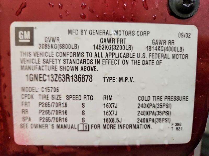 55092936 :رقم المزاد ، 1GNEC13Z63R136878 vin ، 2003 Chevrolet Tahoe مزاد بيع