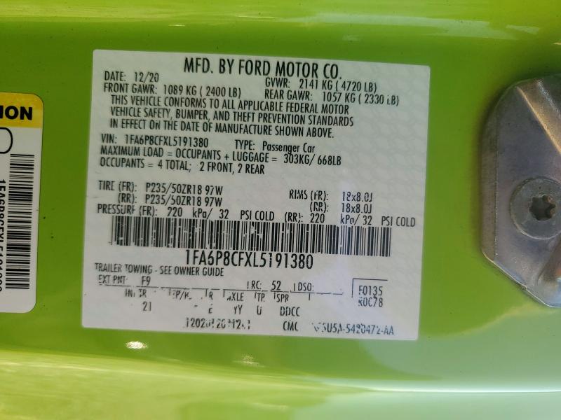 53598316 :رقم المزاد ، 1FA6P8CFXL5191380 vin ، 2020 Ford Mustang مزاد بيع