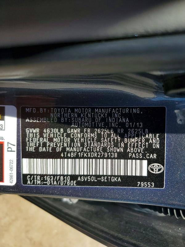 53579396 :رقم المزاد ، 4T4BF1FKXDR279138 vin ، 2013 Toyota Camry مزاد بيع