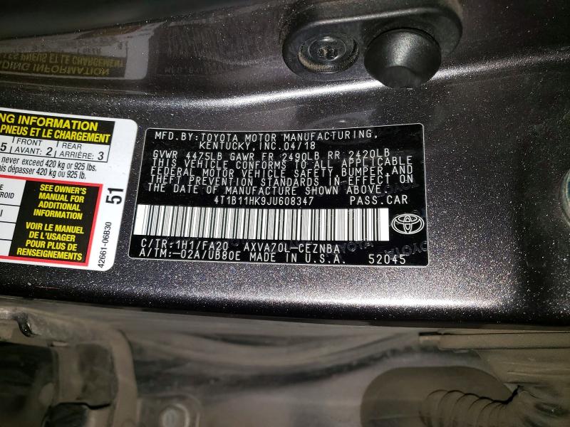 54481936 :رقم المزاد ، 4T1B11HK9JU608347 vin ، 2018 Toyota Camry مزاد بيع