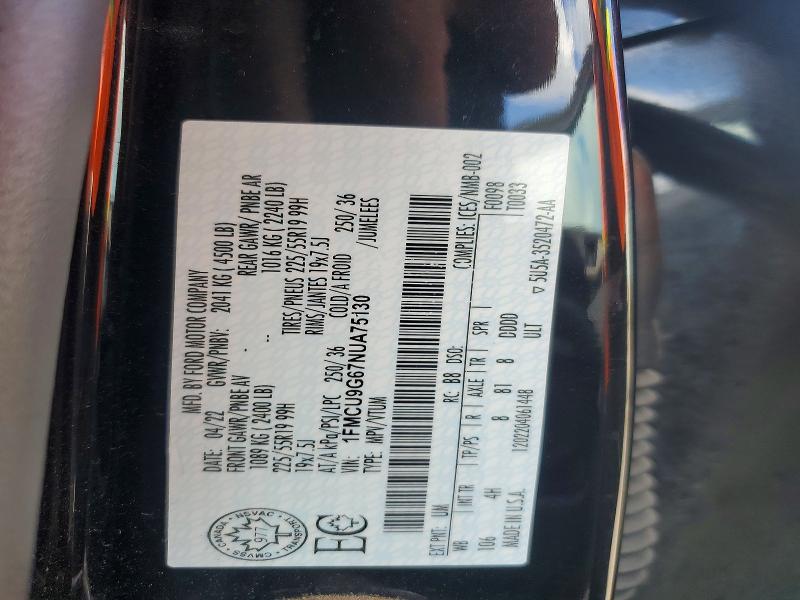 52743096 :رقم المزاد ، 1FMCU9G67NUA75130 vin ، 2022 Ford Escape مزاد بيع