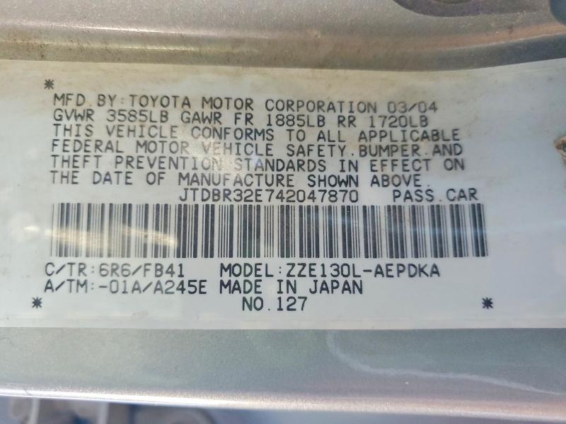 Aukcja sprzedaży 2004 Toyota Corolla, vin: JTDBR32E742047870, numer aukcji: 53306926